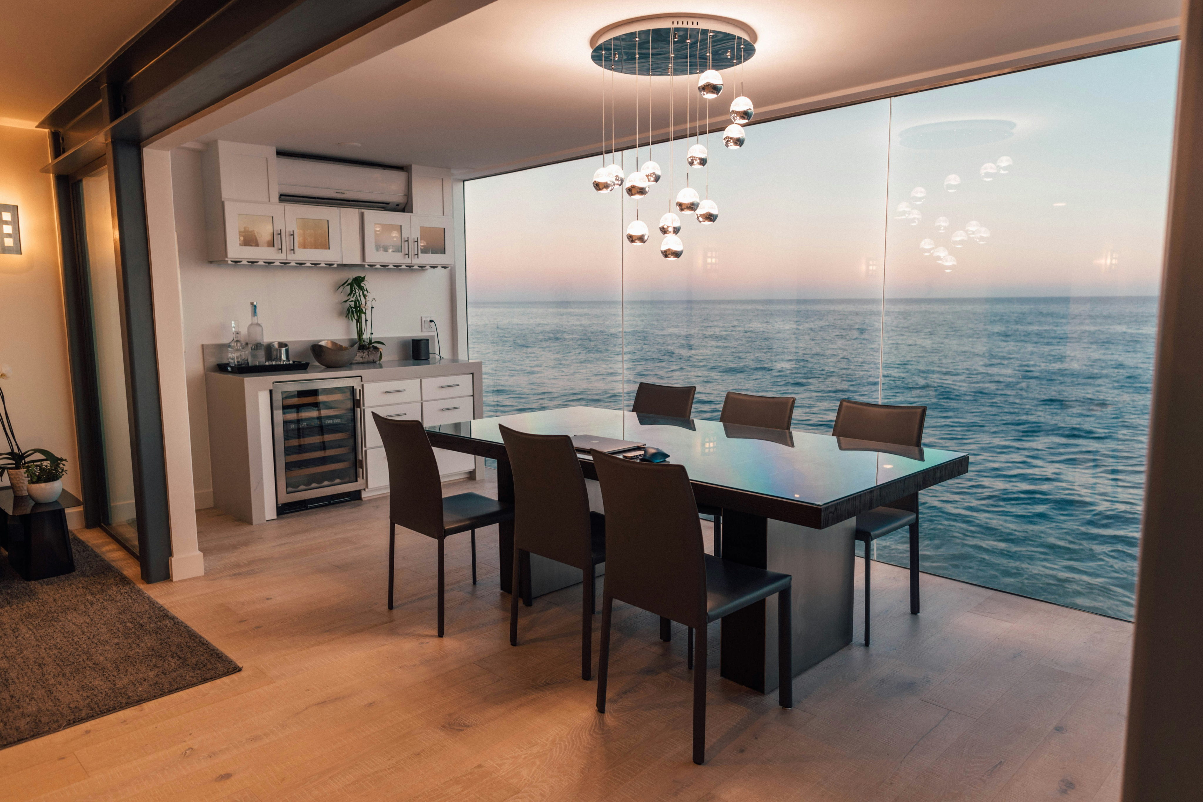 Modern prefab interior with ocean view