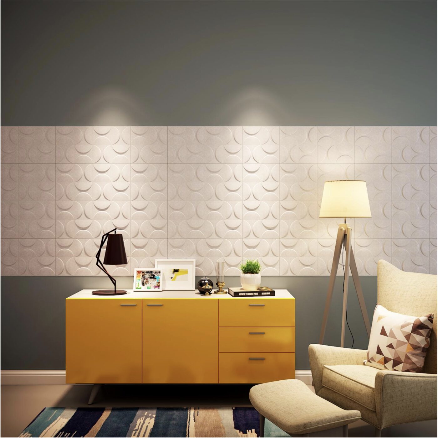Acoustic panel feature wall behind a yellow dresser