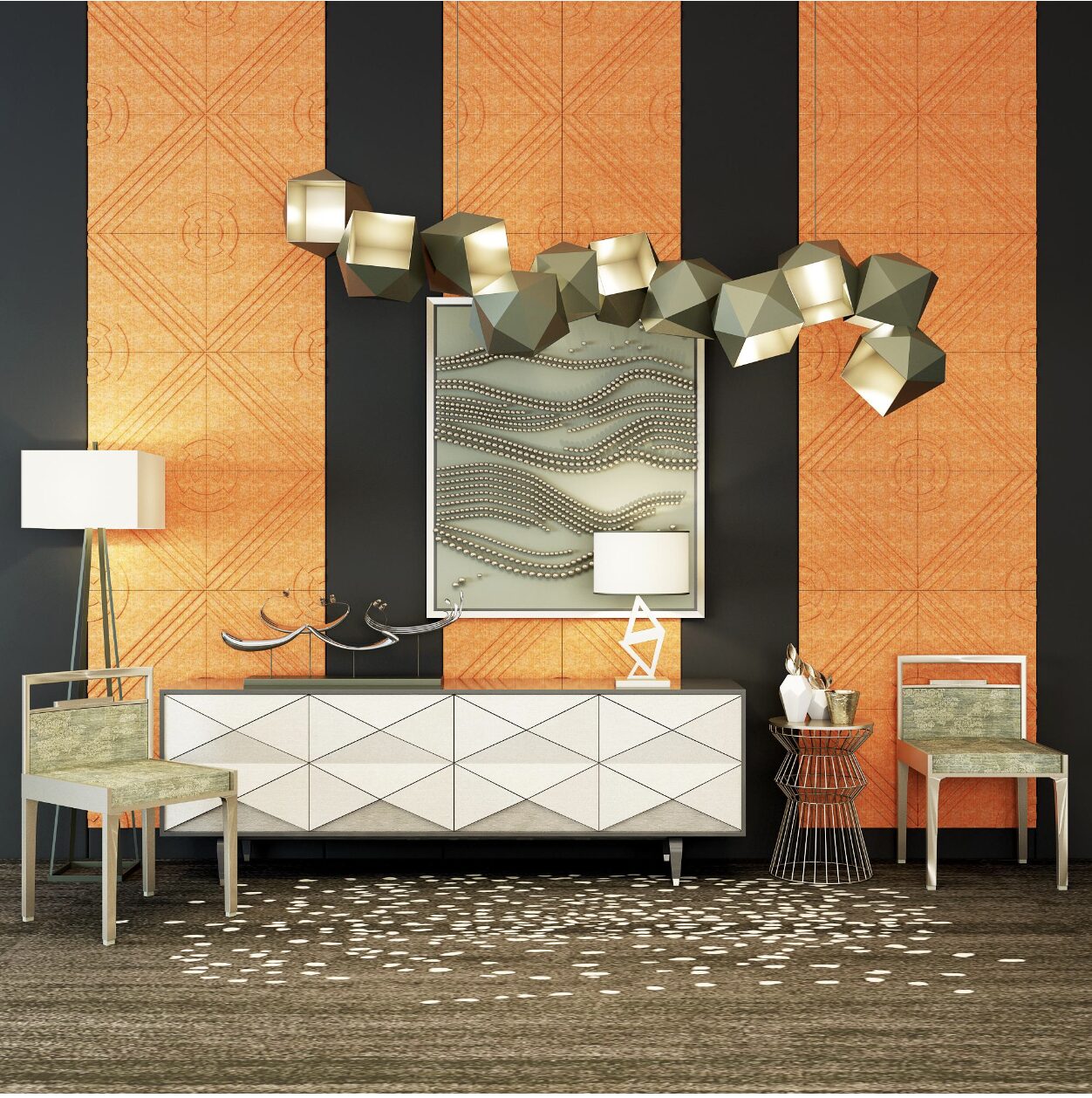 Orange acoustic panel wall with pendant lighting