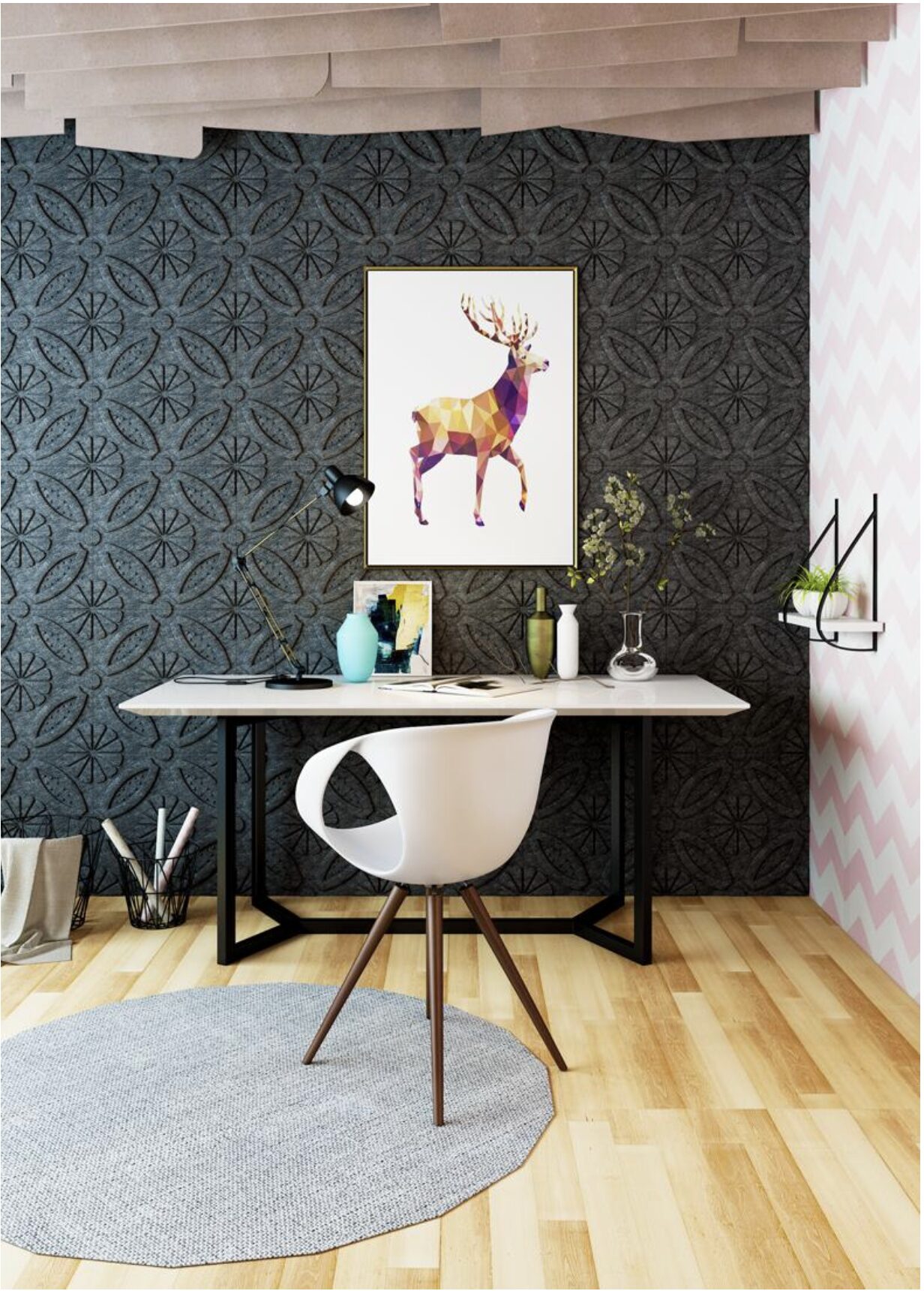 Acoustic panel wall behind an office desk