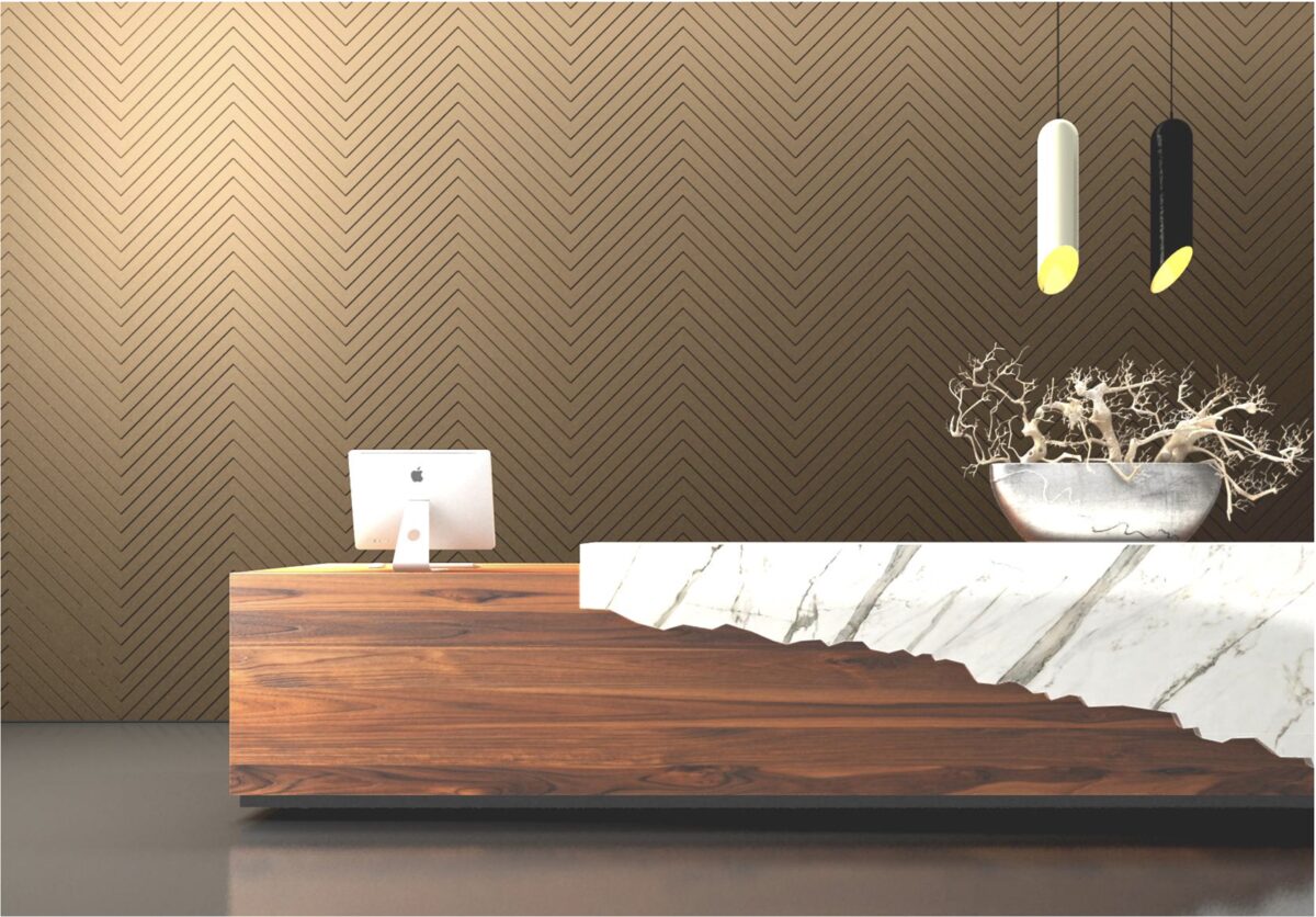Acoustic panel feature wall behind a reception desk